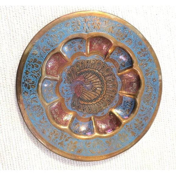 Vintage Brass Peacock Wall Plate With Blue & Red Detailing 6"W - Picture 3 of 5